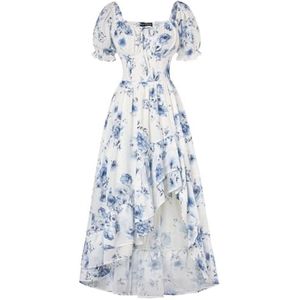 Dames Renaissance Midi Jurk Korte Mouw Vierkante Hals A-lijn Met Bloemenprint