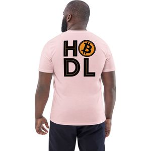 Bitcoin T-shirt - HODL - Rug Print - Unisex - 100% Biologisch Katoen - Kleur Roze - Maat M | Bitcoin cadeau| Crypto cadeau| Bitcoin T-shirt| Crypto T-shirt| Crypto Shirt| Bitcoin Shirt| Bitcoin Merch| Crypto Merch| Bitcoin Kleding