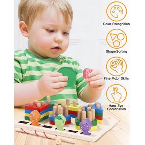 Montessori Speelgoed - 2-in-1 - Houten Speelset vanaf 1 Jaar voor Jongens & Meisjes - Motoriekspeelgoed met Steekspel & Hengelspel - Educatief Babyspeelgoed - Ideaal als Geboortedagcadeau