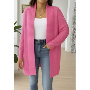 ASTRADAVI Dames Mode - Mooi ribgebreid vest - Warme en comfortabele lange cardigan - One Size - Roze Fuchsia