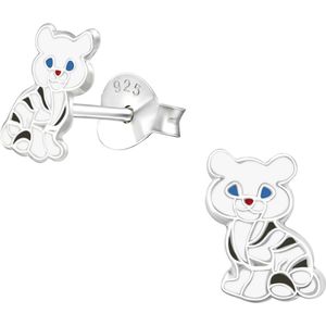 Joy|S - Zilveren tijger kat oorbellen - 5 x 9 mm - zwart wit - kinderoorbellen