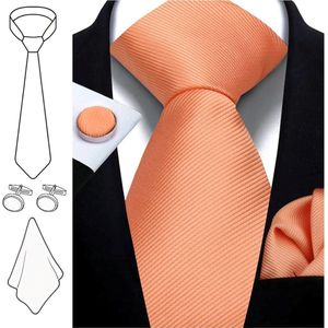 Fako Fashion® - Stropdas Met Pochette en Manchetknopen - Gestreept - Ribstructuur - 100% Zijde - Effen - 8cm - 145cm - Oranje