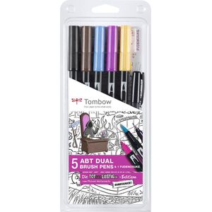 Tombow Dual Brush Pen Tot-Aber-Lustig - set van 5 penseelstiften + 1 zwarte fineliner - op waterbasis - voor aquarel, handlettering, kalligrafie, manga en meer