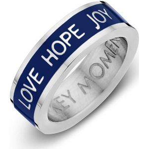 Key Moments Color 8KM R0016 50 Stalen Ring met Tekst - Love Hope Joy - Ringmaat 50 - Cadeau - Zilverkleurig / Blauw