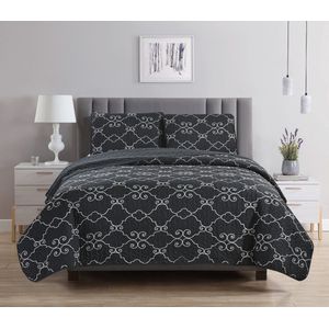 Luxe bedsprei set - Bedsprei 220x240 - Kussensloop 2x 50x70 - Zwart met chique details