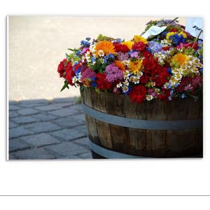 Forex - Houten Bloembak met Verschillende Bloemen - 40x30cm Foto op Forex