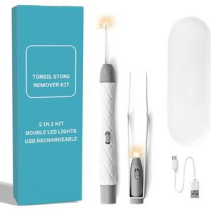 Amandelsteen Verwijderaar - Tonsilloliet Verwijderingsset Met LED-Lampje - Oplaadbaar - Verwijdert Tonsillolithen - Inclusief Pen -Met LED-Siliconen Tuit - Pincet Voor Veilige Verwijdering Met LED - USB-Kabel