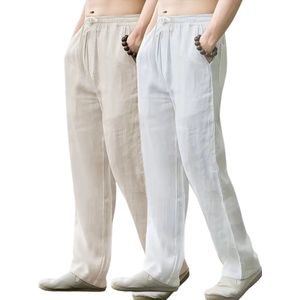 Nivard Linnen Broek Heren - Zomerbroek - Volwassenen - Lange Broek - Pantalon - Strandbroek - Zomer - Ibiza Stijl - 2 Stuks Beige & Wit - Maat XL