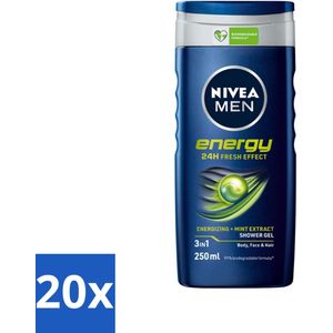 20 x Nivea - Men - Energy Douchegel - Langdurig Fris Gevoel - 250 ml - Nivea Men Energy Douchegel - 2-in-1 Douchegel - Body And Hair - Mint Extract - Energie Boost