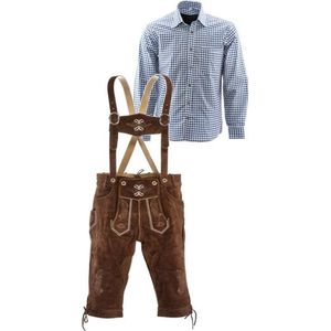 Lederhosen set | Top Kwaliteit | Lederhosen set F (goudbruine broek + blauw overhemd)-52-XL