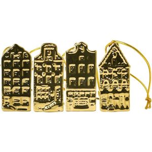 Minihuisjes met lint | Goud | Heinen Delfts Blauw | 4 stuks | Kerstdecoratie