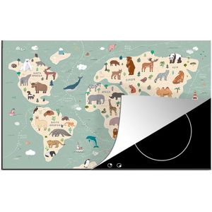 KitchenYeah® Inductie beschermer 76x51.5 cm - Aarde - Wereldkaart kinderen - Dieren - Jongens - Meiden - Blauw - Kookplaataccessoires - Afdekplaat voor kookplaat - Inductiebeschermer - Inductiemat - Inductieplaat mat