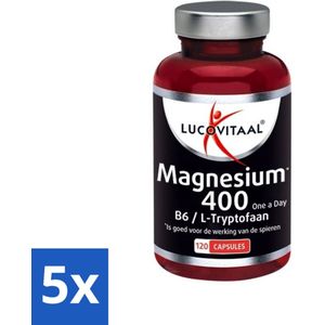 5 x Lucovitaal - Mineralen - Magnesium 400 - B6 / L-Tryptofaan - 120 Tabletten - Mentale Balans - Vermoeidheid Verminderen - Zenuwstelsel - Botten - Gemoedstoestand