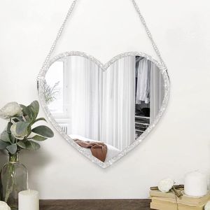 Grote hartvormige spiegel wandspiegel decor, wand make-up spiegel met glitter diamant spiegel voor decoratief houten frame make-up spiegel wandmontage voor woonkamer, slaapkamer, hal, slaapzaal