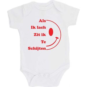 100% katoenen Romper bedrukt met grappige tekst Kado Cadeau Kraamkado Kraamcadeau ""Als ik Lach Zit ik Te Schijten"" Unisex Katoen Wit/rood Maat 68/74
