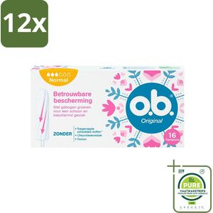 o.b. Tampons - Original Normal - Voor Comfort en Betrouwbare Bescherming - 16 Tampons - Voordeelverpakking - 12 stuks - Menstruatieschijfjes - Tampons