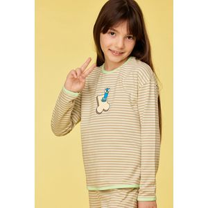 Woody Meisjes-Dames pyjama groen-beige streep - maat 092/2J