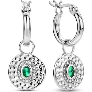 New Bling 9NB-1365 Zilveren Oorbellen met Hangertje - Oorringen - 12mm Doorsnee - Hangertje 10mm - Groen Agaat - Rhodium - Zilver