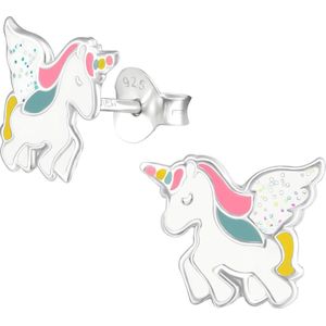 Fako Bijoux® - Kinderoorbellen - 925 Zilver - Eenhoorn - Unicorn - 9x11mm - Wit Glitter