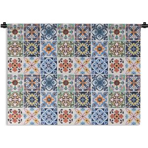 Wandkleed - Wanddoek - Design - Bloemen - Oranje - Blauw - Abstract - 180x135 cm - Wandtapijt
