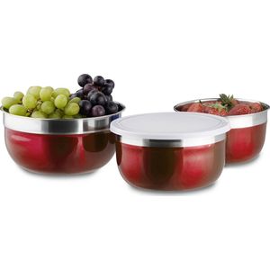 Relaxdays Schalenset 3-delig - gekleurde kommen - met deksel - keukenset - roestvrij staal - rood