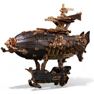 HowCat MFantasy Airship (Grijs) – 3D Houten Puzzel met LED Verlichting – 648 Stuks – Steampunk Luchtship – DIY Modelbouwpakket – Houten Bouwpakket – Mechanisch Houten Model – Decoratief & Educatief – Cadeau voor Kinderen en Volwassenen – Decoratie
