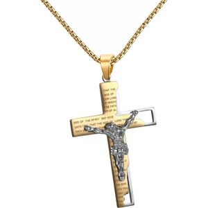 Fako Bijoux® - Cubaans Kruis Jesus Voor Mannen - Ketting Met Kruis - Heren Ketting - Holy Cross - 38x59mm - 60cm - 2mm - Stainless Steel - RVS - Staal - Goudkleurig