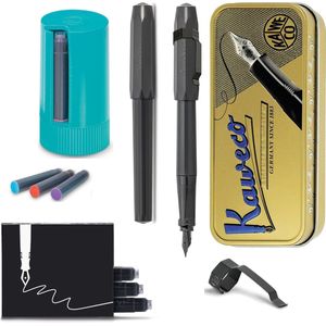 Kaweco - Cadeauset - Vintage blikje - 1 Vulpen met Clip - Perkeo - ZWART - Fine - Turkoise Twister - Doosje vullingen