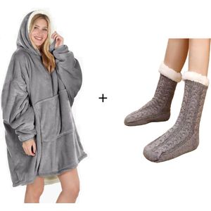 Hoodie deken + Bijbassende Huissok, deken met mouwen, Oversized hoodie deken, Unisex, One Size, Licht grijs + Huissok