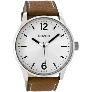 OOZOO Timepieces - Zilverkleurige horloge met cognac leren band - C9045