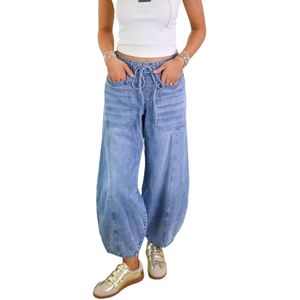 Denim joggingbroek voor dames, jeans joggingbroek met trekkoord, elastische taille, losse stretch denim broek