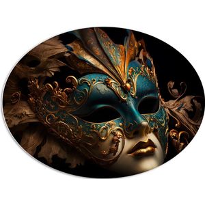 PVC Schuimplaat Ovaal - Venetiaanse carnavals Masker met Blauwe en Gouden Details tegen Zwarte Achtergrond - 96x72 cm Foto op Ovaal (Met Ophangsysteem)