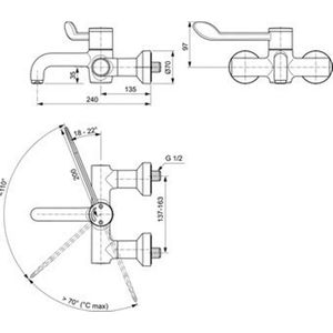 Ideal Standard Ceraplus 2 wandkraan thermostatisch m. vaste uitloop m. hendel 20cm met afsluitbare koppelingen chroom