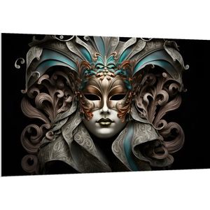 PVC Schuimplaat- Wit Venetiaanse carnavals Masker met Blauwe en Gouden Details tegen Zwarte Achtergrond - 150x100 cm Foto op PVC Schuimplaat