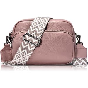 Crossbody tas voor dames - Oud roze - 22 x 16 x 8 cm - Met aztec schouderriem - Schoudertas voor vrouwen - Verstelbare schouderband - Handtas met ritsen - Waterbestendig - Zilveren hardware - Telefoontas - Festivaltas - PU leer