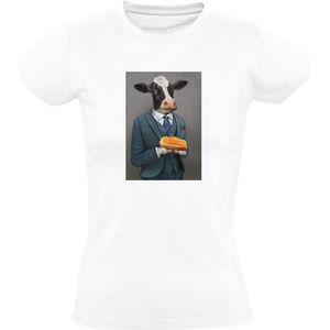 Koe in pak met tosti Dames T-shirt - dieren - eten - kunst - schilderij - grappig