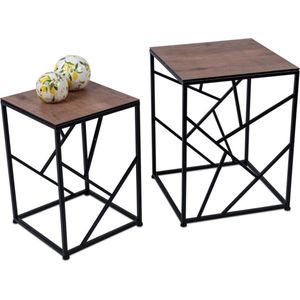 Bijzet tafel - 2set - Smeedijzer - 32x46cm - 40x53cm - Krasvrij glasplaat - Houtnerf bruin - Zwart - Bruin