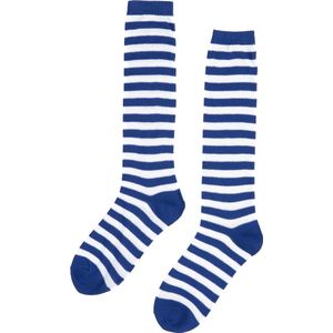 KIMU Sokken Blauw Wit Lange Gestreepte Kousen - 36-41 - Carnaval Voetbal Dunne Streepjes Kniekousen Sinterklaas Kado