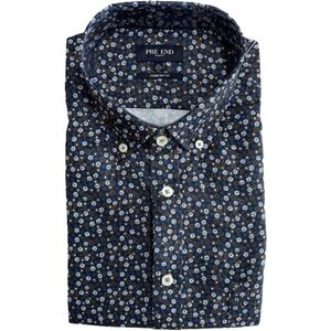Pre End - Heren overhemd lange mouw - Donkerblauw gebloemd - Strijkvrij - Maat XL