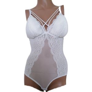 Dames - Bodystocking - Lingerie - Met Kant en doorzichtig Lijfje - Corrigerend - Kleur Wit - Maat 34-36 - Cadeau - Kerst