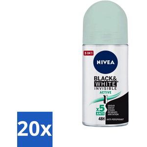 20 x Nivea - Deodorant - Roller - Black & White Invisible - Active - 50 ml - Nivea Men Deodorant Roller - Anti-transpirant - 48 Uur Bescherming - Witte Strepen Voorkomen - Gele Vlekken Voorkomen