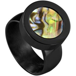 Quiges RVS Schroefsysteem Ring Zwart Glans 16mm met Verwisselbare Multi Groen Schelp 12mm Mini Munt
