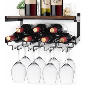Wandgemonteerde wijnrekken, wijnglashouder, wandmontage met stemware-hanger, modern wijndisplay, opberghouder voor keuken, eetkamer, bar, houdt 8 x glazen en 7 x wijnflessen