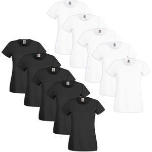 10x Fruit of the Loom Dames T-shirt ronde hals katoen Zwart/Wit XS