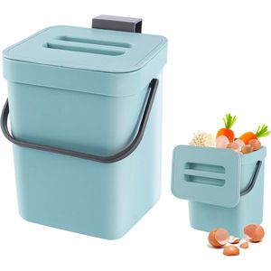 Kleine compostemmer voor de keuken, vuilnisemmer, hangende biologische afvalemmer, vuilnisemmer voor werkblad, container met deksel, composter, voor binnen, 3 l, blauw