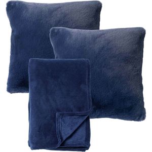 Dutch Decor - VOORDEELSET - 3-delig - Zaya & Harvey - 2 sierkussens 45x45 cm - 1 plaid 150x200 cm - blauw - Met Ritssluiting – Decoratie Kussens - Comfortabele kussentjes voor op de Bank