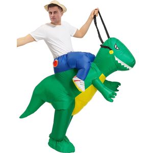 KIMU® Opblaas Kostuum Rijdend Op Groene Draak Kinderen tot 130 cm - Opblaasbaar Pak Zittend - Drakenpak Mascotte Opblaaspak - Opblaasbare Draak Festival