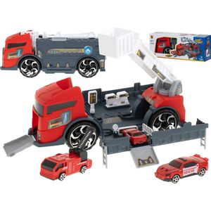 Transporter vrachtwagen TIR 2in1 parkeergarage brandweer + 3 auto's rood