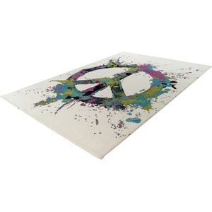 Lalee Freestyle vloerkleed- artistiek karpet- kleurrijk- hip en trendy- love peace dessin- grafeti- ps5- kunst- vlinder tapijt- 200x290 cm multi kleuren creme groen pink picasso