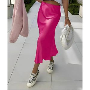 Lange Fuchsia Satijnen Rok - Satin Feel Materiaal ﻿- Midi A lijn Rokken - Trendy Zomer Fashion - Maat L - Fuchsia